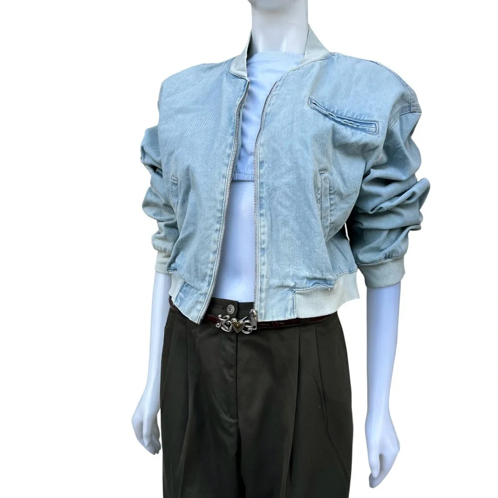 New Refuge Denim Pilot Bomber Sun Faded Boyfriend Jacket Grunge Casual Y2K NWT‎